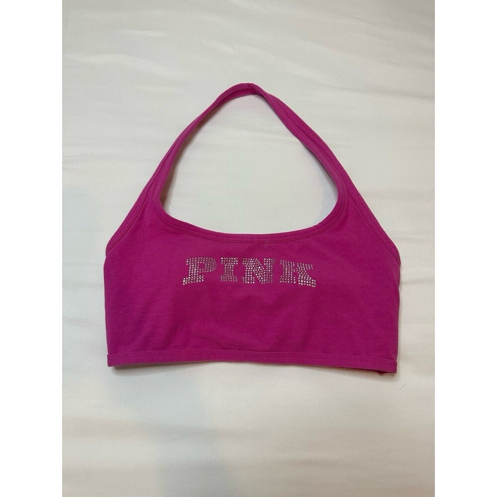 PINK Victorias Secret Halter Bra Top Sport Bra Pink Fire Rhinestone All Day XS/S